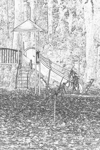 A simple line drawing of an old playground with children's slides and play structures, on the ground is puddles filled by rainwater. The background shows a stone wall in the distance. Sketch style, only lines without color. Black & white, low detail, no shading. White paper background.