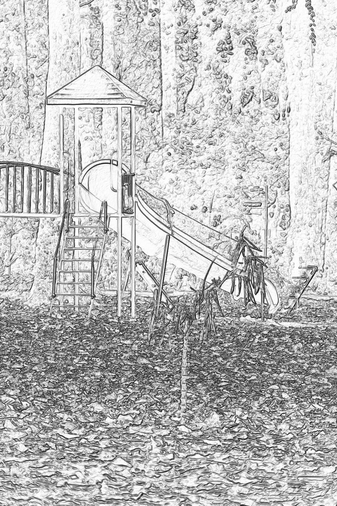 A simple line drawing of an old playground with children’s slides and play structures, on the ground is puddles filled by rainwater. The background shows a stone wall in the distance. Sketch style, only lines without color. Black & white, low detail, no shading. White paper background.