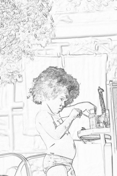 A black and white coloring book illustration of an African American toddler boy with curly hair, sitting at a table in his home playroom playing near a hand water pump. It is a minimalistic close up detail shot with soft lines and shapes and pastel colors. The drawing was inspired by the midcentury modern art style and is a colorful pencil or ink sketch with a white background and low details.