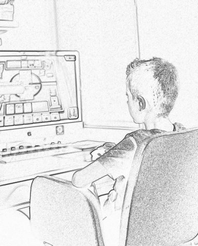 A simple black and white pencil sketch storyboard shows the back view of a young boy sitting on an armchair in front of a computer screen playing video games. He is wearing earpods, his face visible as he plays the game. The desk has various computer equipment such as a monitor, keyboard and mouse. The simple line art is in the style of a pencil sketch.