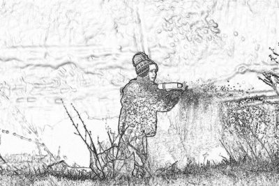 A black and white pencil sketch of an adult man in winter , standing on grass near the river bank with his back to us holding onto a large garden hose and spraying water from it into nature. The background is a blurred pencil drawing style riverbank with trees and bushes. There's no text or other elements present in the scene except for what’s depicted in the photograph.