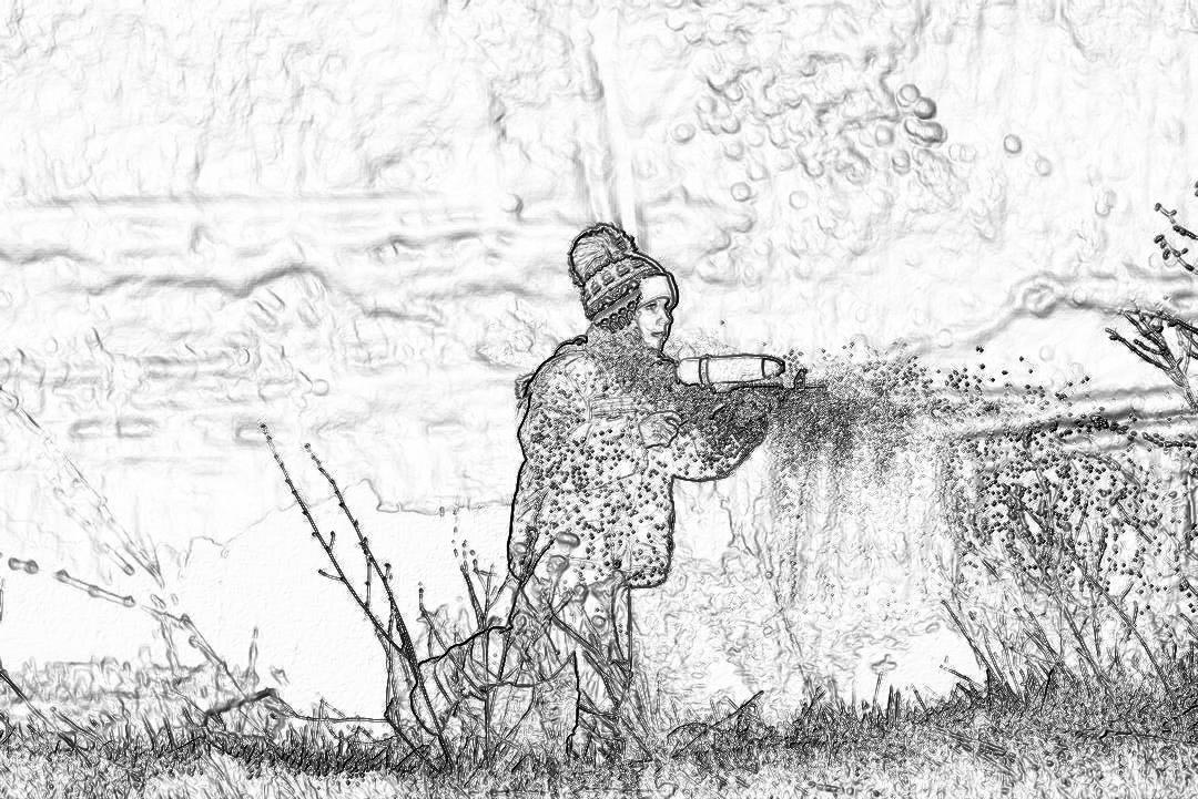 A black and white pencil sketch of an adult man in winter , standing on grass near the river bank with his back to us holding onto a large garden hose and spraying water from it into nature. The background is a blurred pencil drawing style riverbank with trees and bushes. There’s no text or other elements present in the scene except for what’s depicted in the photograph.