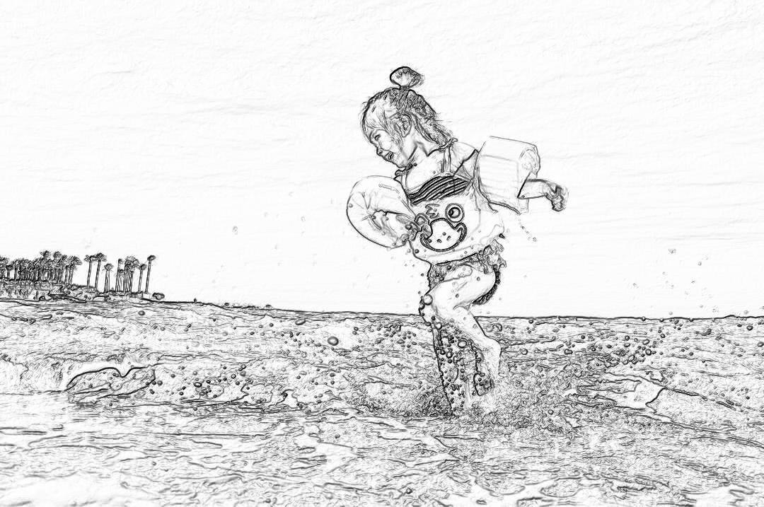 A little girl splashes water in the sand at Santa Monica Beach, carrying her toy in one hand and wearing beach shorts. The sketch is outlined in a simple, low detail style with black lines on a white background in the style of Pixar cartoons. The 2D design has high contrast and resolution with high details in a cinematic style.