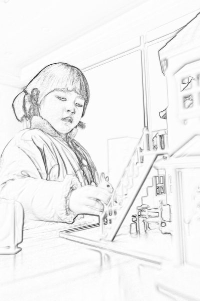 Black and white pencil sketch storyboard of asian little girl playing with electronic toy in the kitchen, very detailed, high resolution