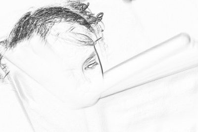 pencil sketch of an extreme close up on the side profile view of someone getting their hair cut, white background, low angle shot, photo realistic