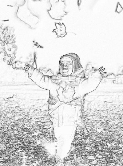 A black and white storyboard sketch of an happy baby girl wearing winter , throwing leaves in the air with her hands outstretched on each side, wide shot, outdoor setting in the style of pencil drawing