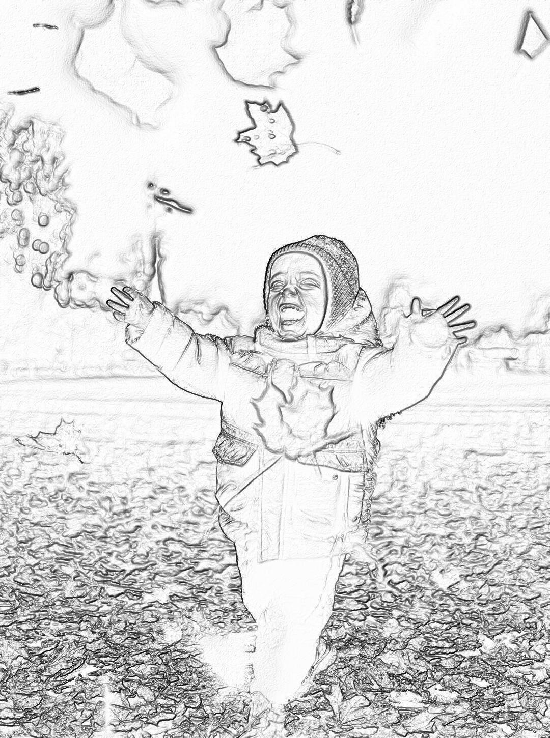 A black and white storyboard sketch of an happy baby girl wearing winter , throwing leaves in the air with her hands outstretched on each side, wide shot, outdoor setting in the style of pencil drawing