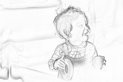 A sketch of an adorable little boy playing with his toy wheel, captured in the style of pencil drawing. The background is white and plain, emphasizing her features. She has short hair, wearing pajamas, smiling brightly as she plays happily on his toys. Her face radiates happiness, showcasing intricate details that bring out every detail of both he's body and . It exudes warmth and innocence, capturing a moment frozen by artistry., focus on face