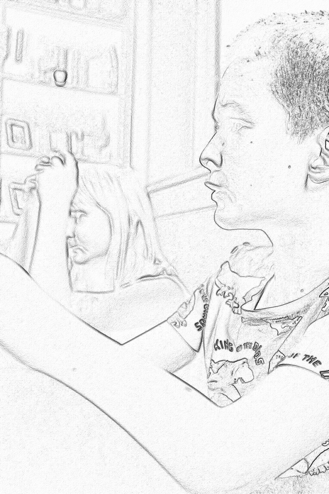 A pencil drawing of the face and upper body profile view of an attractive man with short hair, wearing pajamas lying on his back in bed talking to two young women who have long blonde straight shiny hair while watching TV. The background is blurred. Black lines only, with no shading. High detail. The drawing is in the style of pencil drawings with black lines and no shading.