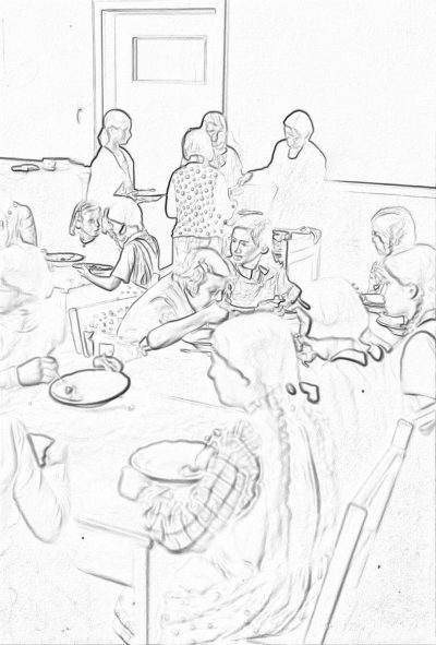 A simple black and white line drawing of an elderly person being seen in the hospital, surrounded by family members gathering for dinner around them. The focus is on capturing their faces as they share stories over food, creating a warm atmosphere within the room. In the style of a coloring book with clear thick lines. Minimalist background with no shading or grey areas. Low detail.