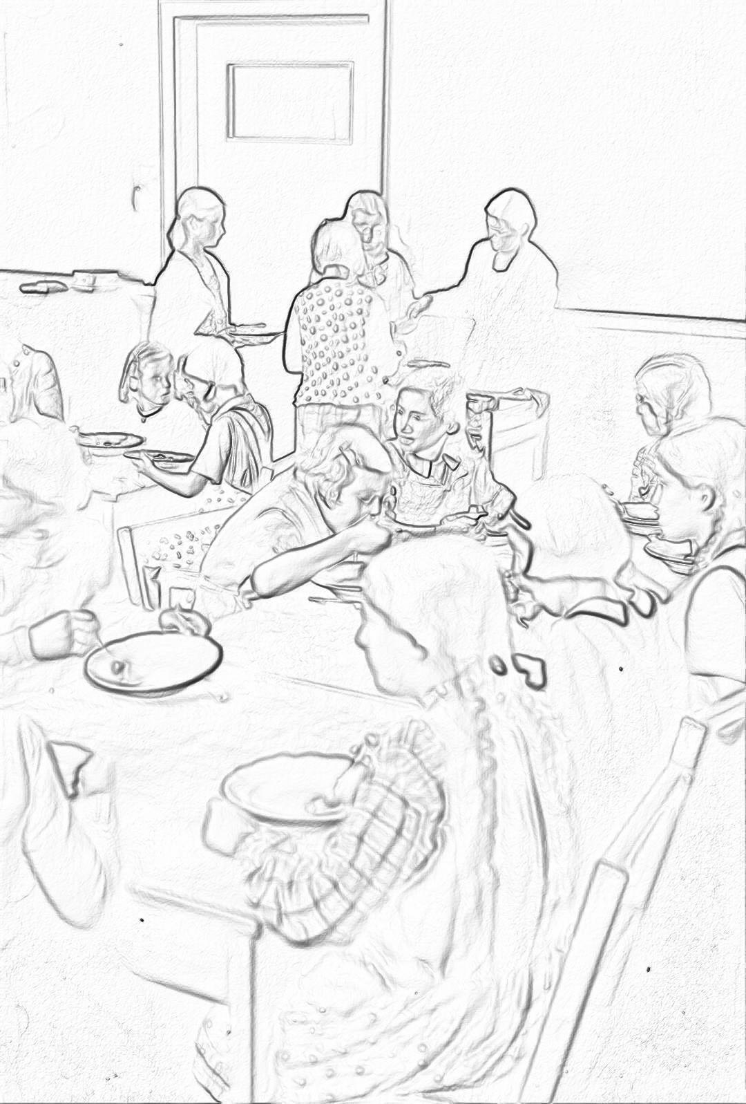 A simple black and white line drawing of an elderly person being seen in the hospital, surrounded by family members gathering for dinner around them. The focus is on capturing their faces as they share stories over food, creating a warm atmosphere within the room. In the style of a coloring book with clear thick lines. Minimalist background with no shading or grey areas. Low detail.