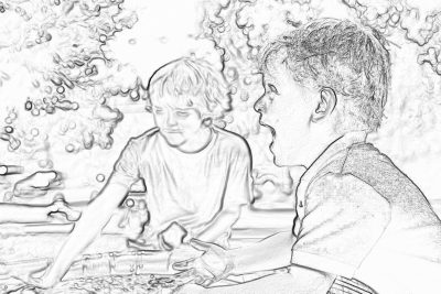 A simple black and white line drawing of an adult playing with his son in the park, a table covered by plastic bricks, happy expressions on their faces. The background is blurry, creating a pencil sketch effect. It was drawn using digital ink pen techniques. High resolution, full body portrait, high quality, rich details, vector file. Simple design, flat colors, white solid color background. A4 format, coloring page for adults. No shadows or highlights. Black lines.