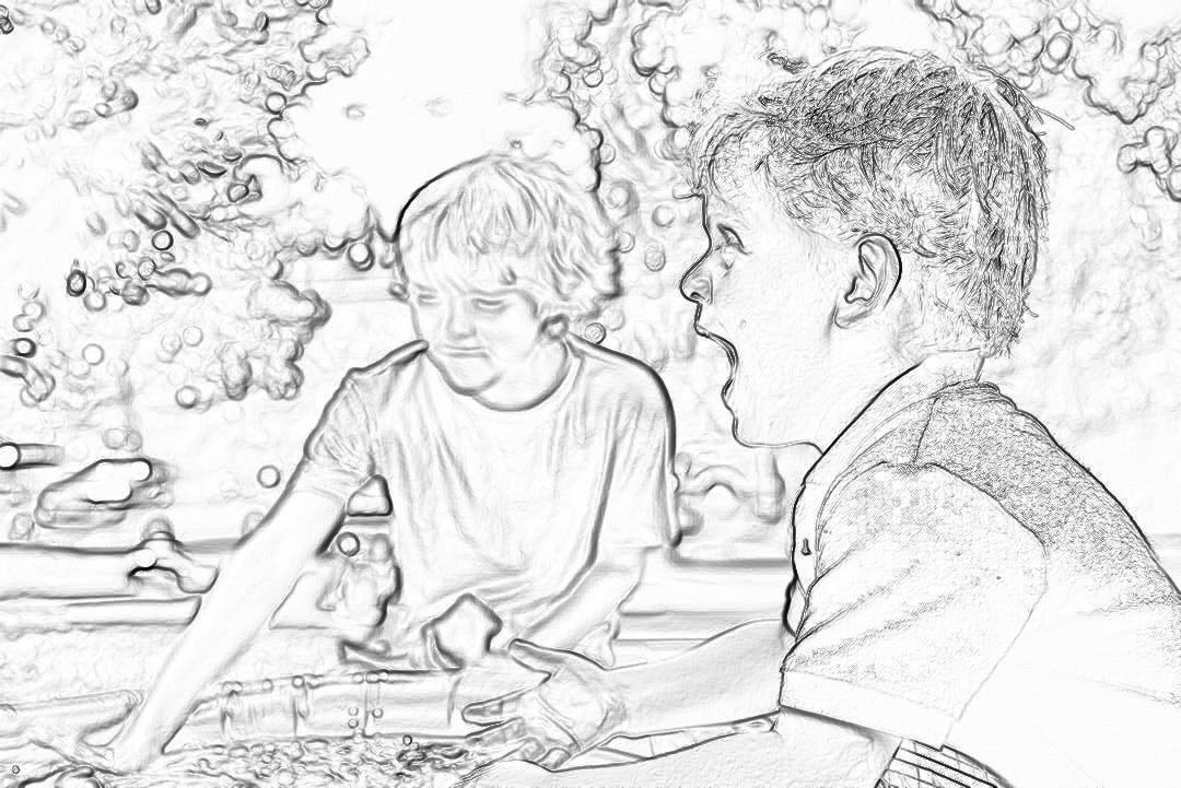 A simple black and white line drawing of an adult playing with his son in the park, a table covered by plastic bricks, happy expressions on their faces. The background is blurry, creating a pencil sketch effect. It was drawn using digital ink pen techniques. High resolution, full body portrait, high quality, rich details, vector file. Simple design, flat colors, white solid color background. A4 format, coloring page for adults. No shadows or highlights. Black lines.