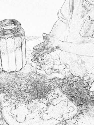 a black and white line art drawing of the top view close up on hands baking gingerbread cookies in an empty glass jar, with glitter sprinkled around. The background is scattered with cut out christmas card designs, drawn by coloring book artist [Adam Paquette](https://goo.gl/search?artist%20Adam%20Paquette).