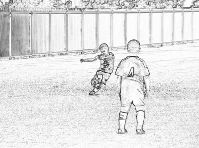 A simple black and white drawing with no shading of two young boys playing soccer on a field at an outdoor stadium. One boy is wearing the number "4", while another player takes his place behind him to play in their pajamas.