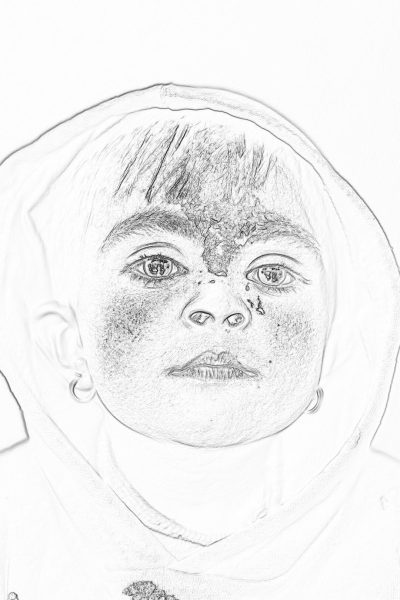 A pencil sketch of an Indian toddler girl wearing white . She has short hair and freckles on her face. It is a simple line art portrait in the style of a drawing for a kids book with a white background, low detail, thick lines, and no shading or coloring.