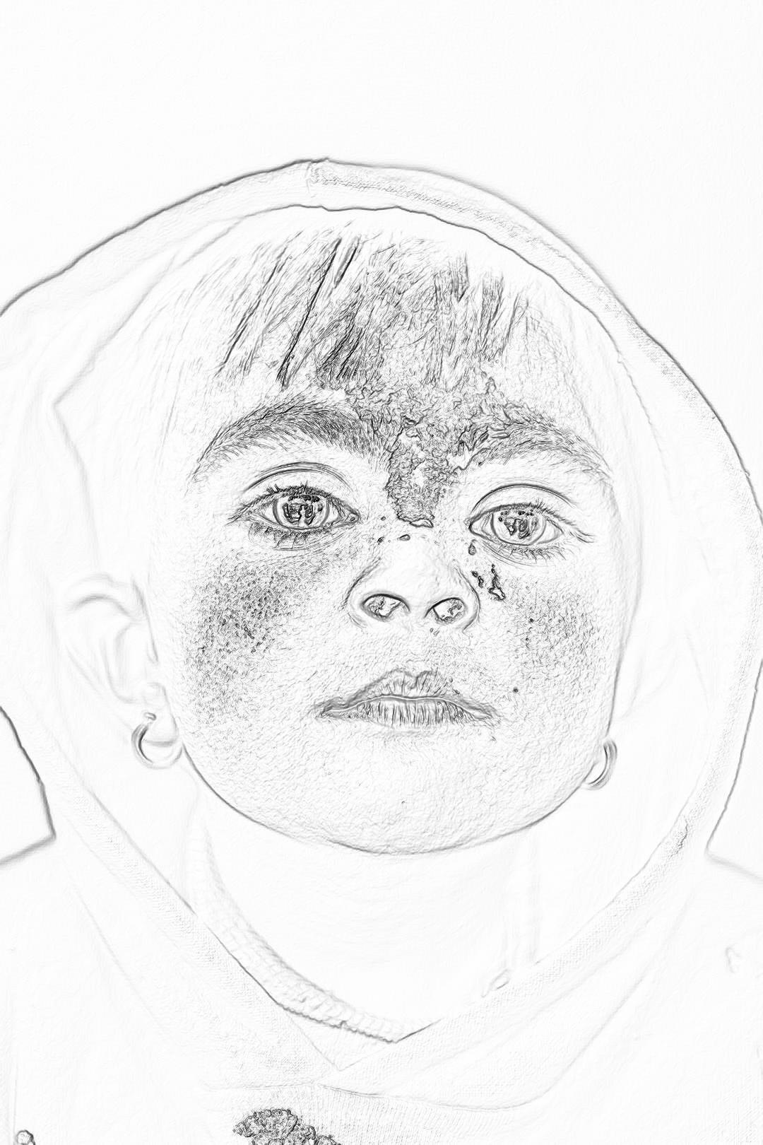 A pencil sketch of an Indian toddler girl wearing white . She has short hair and freckles on her face. It is a simple line art portrait in the style of a drawing for a kids book with a white background, low detail, thick lines, and no shading or coloring.