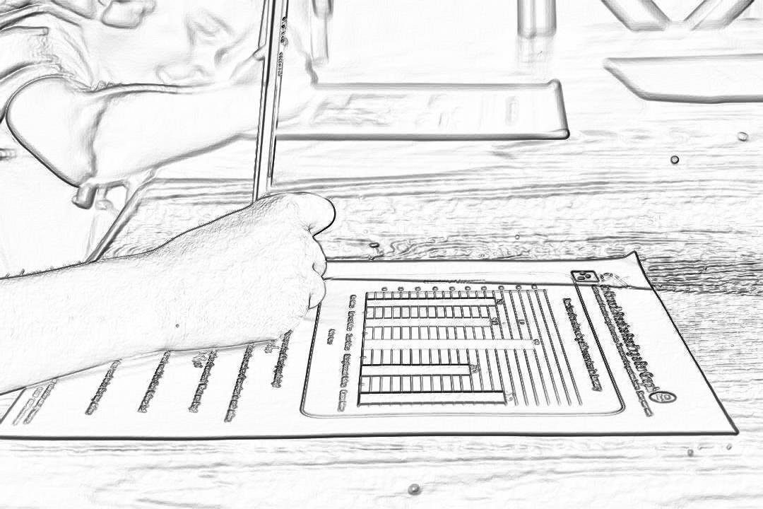 Black and white storyboard sketch of a hand holding a pen, filling out a form on a table with text boxes for location information. A closeup shot focuses on the document and paper texture, highlighting details like tab labels or numbers. The background is blurred to emphasize clarity in drawing focus on the data collection process.