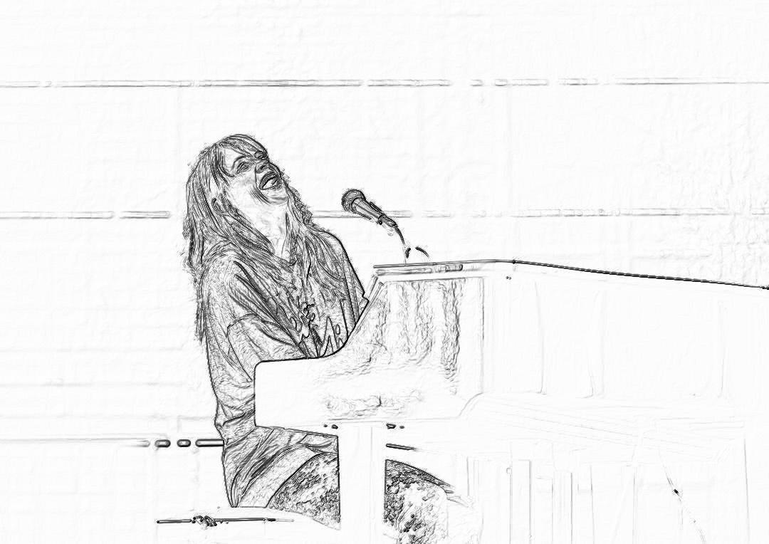 A rough black and white pencil sketch of steve wonderland standing at the piano, singing into microphone in front on him. He has long hair. The background is an empty church with no people or buildings visible. In the style of a storyboard outline drawing. Black lines isolated against a pure White background.