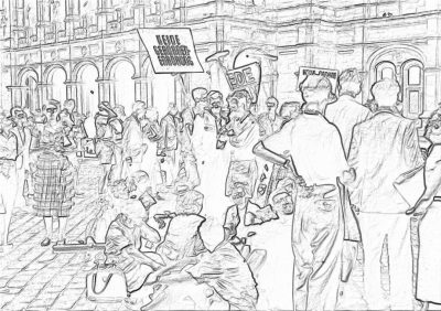 coloring page, simple drawing of people at an antimine rally in lone michigan town square, sketchy lines, white background, low detail, no shading,