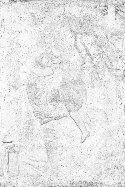 A pencil sketch of an ancient Greek goddess in the style of [Leonardo da Vinci](https://goo.gl/search?artist%20Leonardo%20da%20Vinci), on textured paper. She is sitting and holding her baby who has wings. The drawing shows only outlines without shading or color, with minimal details to highlight its simplicity and elegance. There is no background just white textured paper. It should have bold lines and a simple aesthetic. No shadows or lighting effects are included.