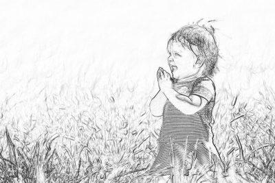 A cute little girl prays in the grass, simple drawing style, black and white sketch, white background, high resolution, high quality, high detail, hdr