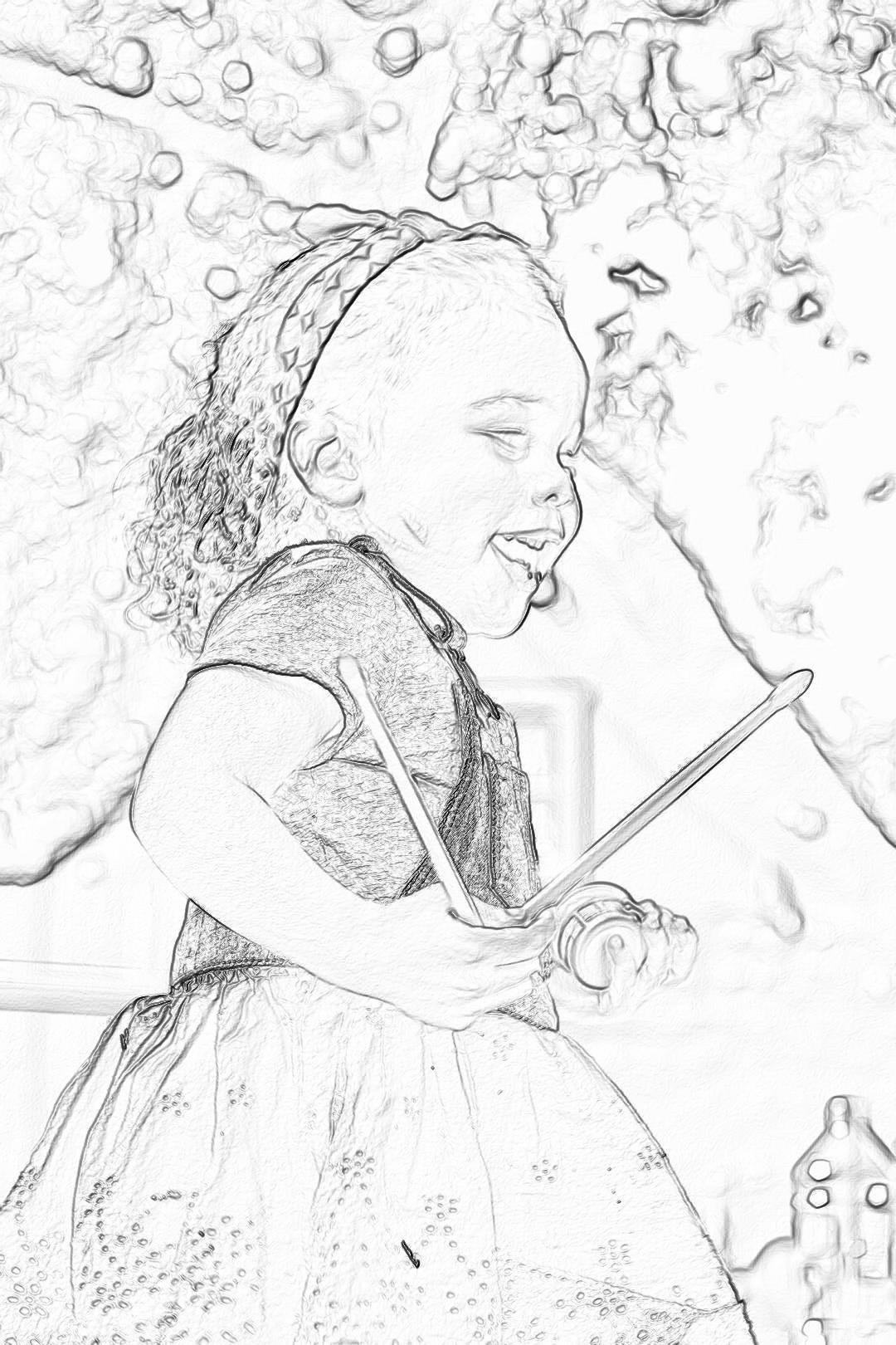 A cute little black girl playing with a bubble wand in the style of pencil sketch drawing, smiling and having fun. She is wearing an elegant dress. Bubbles are floating around her in the background. Black lines on white paper without shading or color. Highly detailed and realistic in a portrait format.