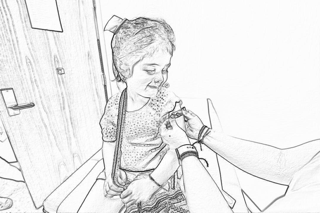 A cute little girl is getting a statue in the hospital. This drawing style coloring page features black and white lines on a white background without shading or grey fill. It has high resolution, high quality, high detail, high definition, and high sharpness with high clarity and high contrast. The image has high color saturation and was professionally photographed with professional lighting for a professional coloring book. It is a best selling art print in the style of allstation.