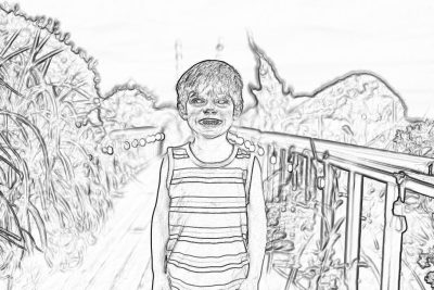 A black and white line art children's coloring book drawing of the boy in striped tshirt smiling at camera standing on an outdoor bridge with lush greenery and distant mountains in background. The illustration should have simple lines, minimal details and be in flat design style with low contrast colors using light grey as primary color and medium level detail. No shading or grayscale. Low angle perspective view