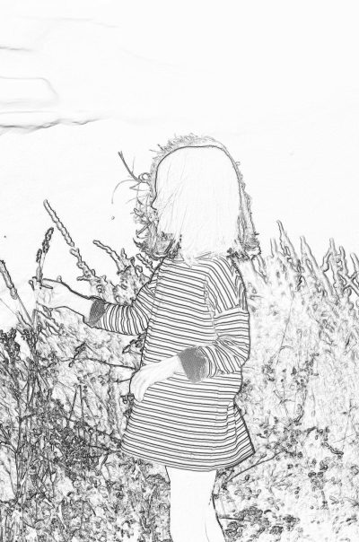 A simple black and white line drawing of the back view, a little girl wearing short sleeves in striped picking flowers by herself, surrounded by tall grasses, simple strokes, simple lines, white background, full body, front shot, high resolution.