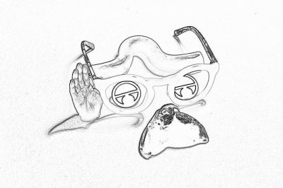 a simple pencil drawing of the side view of an eye mask with two small circular lenses on it, holding one hand up in front and another at its end to make an 'A' shape with his fingers, a piece of paper inside that has halfeaten tortilla hard shell ruins from a chicken sand wing in between them. The background is white.