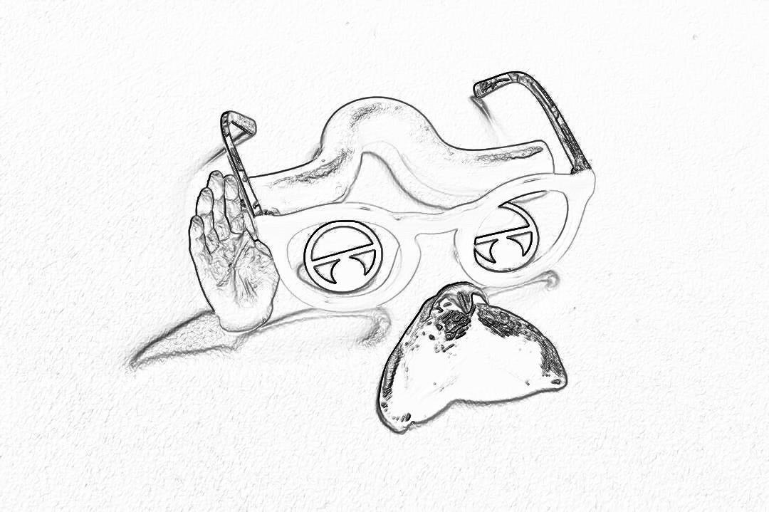 a simple pencil drawing of the side view of an eye mask with two small circular lenses on it, holding one hand up in front and another at its end to make an ‘A’ shape with his fingers, a piece of paper inside that has halfeaten tortilla hard shell ruins from a chicken sand wing in between them. The background is white.