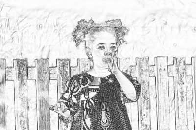 A black and white storyboard sketch of an african american little girl standing in front on her wooden fence, she is wearing African print with one hand covering the mouth and other touching her face. The camera angle should be from behind showing half body of young child