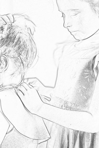 A simple black and white line drawing of an adult giving their child's head a gentle massage, with the focus on both faces in closeup. The plain background highlights only the two people. This depiction conveys warmth and care as they share a moment together. It's designed for coloring book pages so that children can color it in, focusing more on facial expressions rather than details of .