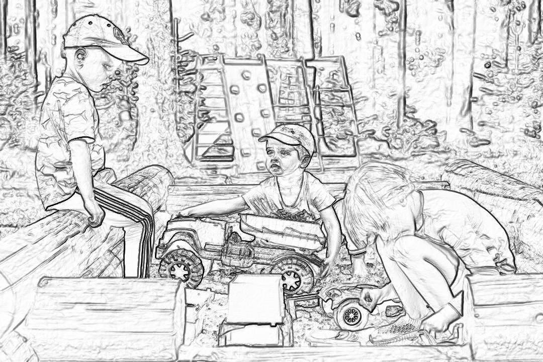 A coloring page of children playing on an old wooden playground, with one child in the center sitting inside toy construction vehicles and another lying down beside them, surrounded by rusted equipment. The background is a forest clearing with scattered trees. Sketch style, with low detail. Black lines on a white background.