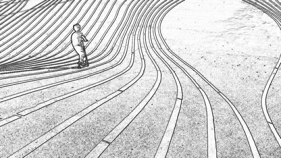 A black and white pencil drawing of an adult playing with lines on the ground, with long curved steel cables leading to multiple directional curves. The person is seen from above, standing in front of them at eye level. In the background there is an empty park where concrete floor tiles form abstract patterns.