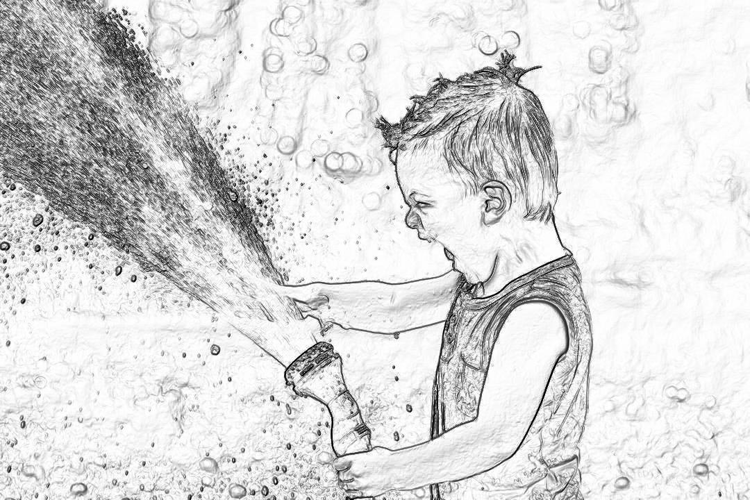 A black and white pencil sketch of an adorable little boy splashing in the water, playfully spraying droplets into his face with one hand while holding onto a garden hose with the other. The background is a simple drawing of bubbles floating through the air.