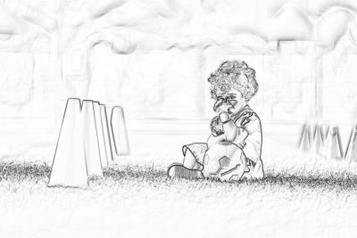 A little girl with curly hair sits on the lawn, holding her teddy bear in front of three rectangular stone monoliths arranged like they are at an American cemetery. The girl is sad and has tears streaming down her face as she hugs the stuffed animal to comfort herself. A pencil sketch drawing in black ink on white paper. In the style of a children's book illustration.