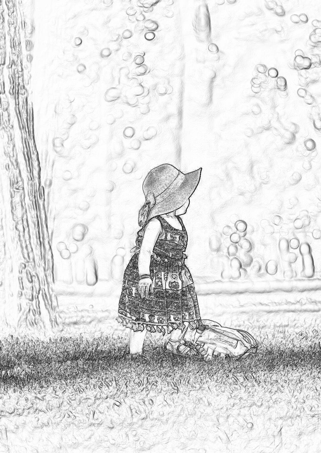 A little girl wearing an adorable sun hat and dressed in stylish summer attire stands on the grass near trees blowing bubbles. The scene is captured in the style of a pencil sketch, emphasizing details of her dress, shoes, and hair, while the background features soft lines to emphasize depth. Black and white pencil drawing, high resolution, with no text or symbols.