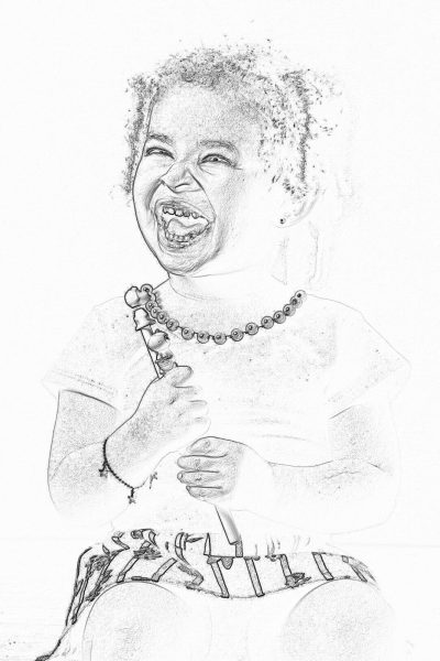 A simple sketch of an African American baby girl laughing and holding her first tooth, wearing a beaded necklace. The drawing is in black ink on white paper, focusing solely on the outlines to capture its simplicity and charm. It's a delightful depiction that evokes joyous memories for all who behold it. The drawing is done in the style of a simple black ink sketch on white paper, focusing solely on the outlines to capture its simplicity and charm.