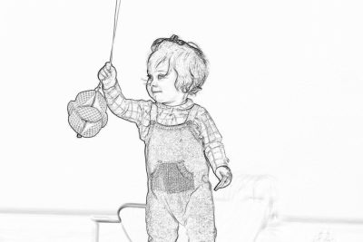 A pencil sketch of an adorable toddler boy wearing overalls and holding up his toy fish hanging from the end of a fishing rod, white background, simple lines, minimalistic style resembling a children's book illustration, simple line art in the style of a vintage flat black outline drawing with high contrast monochrome and a cartoon style, high resolution.