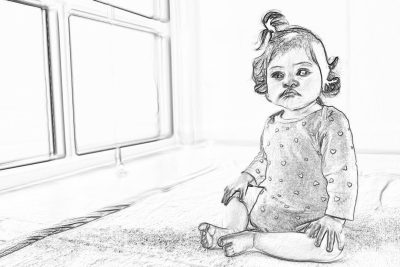 a baby girl sitting on the floor in her bedroom, pencil sketch style