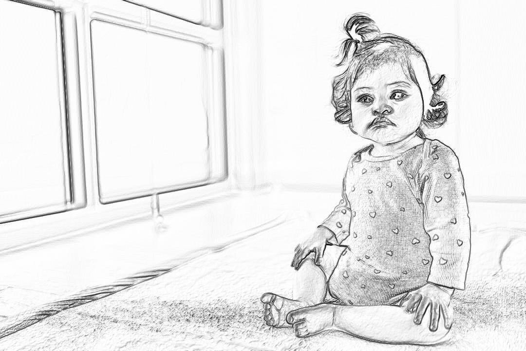 a baby girl sitting on the floor in her bedroom, pencil sketch style