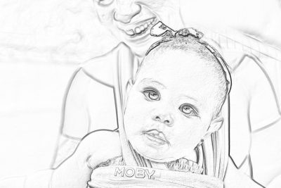 a baby girl with big eyes and an afro hair style, is held by her mother's hand in the hospital as she wears "MOBBY" on top of it , pencil sketch style, white background, coloring page for kids, thick lines, low detail, no greyscale, no shadows