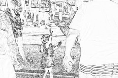 black and white storyboard sketch of little girl waving to her father at the street fair, simple lines, low detail