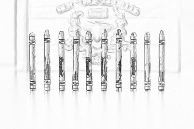 a simple pencil drawing of ten crayons lined up in front of the Thealusian royal family coat or arms, white background, simple, minimalist