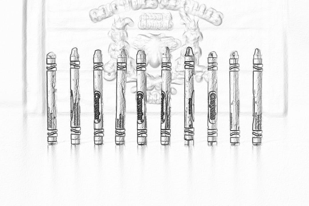 a simple pencil drawing of ten crayons lined up in front of the Thealusian royal family coat or arms, white background, simple, minimalist