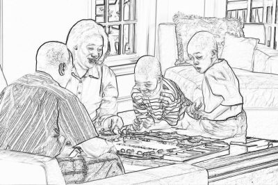 Black and white line art illustration of an African American family playing board games in their living room, with the grandmother smiling as she watches her grandsons play.. The focus is on capturing details like facial expressions and playful poses by all three people, while emphasizing the warmth between them through subtle lines. This drawing should be simple yet detailed enough to give it life and depth. It's perfect for coloring book pages or children’s illustrations.