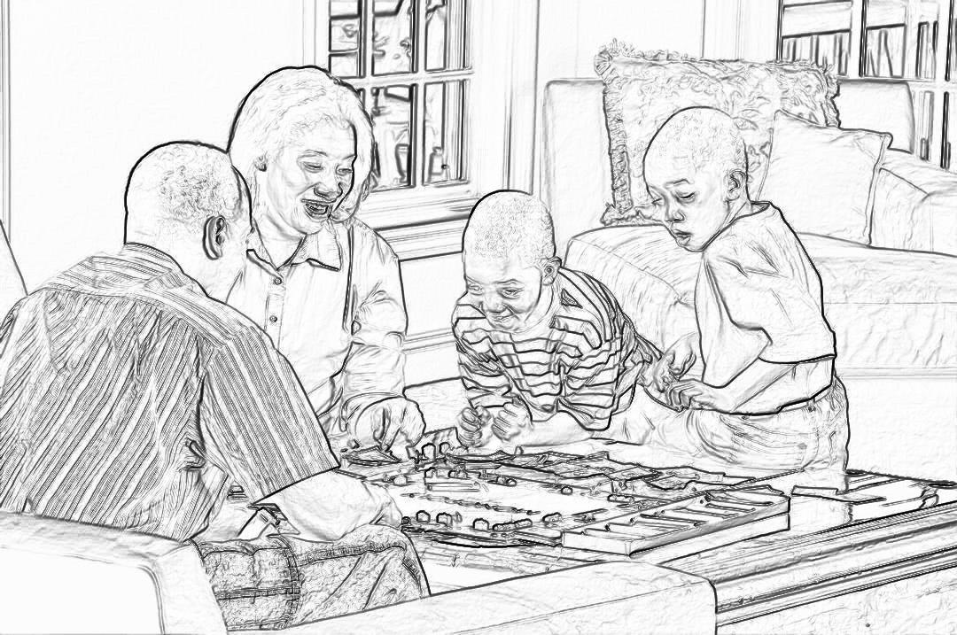 Black and white line art illustration of an African American family playing board games in their living room, with the grandmother smiling as she watches her grandsons play.. The focus is on capturing details like facial expressions and playful poses by all three people, while emphasizing the warmth between them through subtle lines. This drawing should be simple yet detailed enough to give it life and depth. It’s perfect for coloring book pages or children’s illustrations.