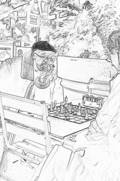 A chessboard in an outdoor cafe, with two people playing and one person smoking on the background, captured from above. Coloring page style. Black & white line art. No shading or color fill; only lines for coloring. The table is set up outdoors at an urban café setting, surrounded by cityscape. There's also another man sitting next to them who appears slightly older wearing glasses. He has his head down while he plays. One of those men wears black pants and a longsleeved shirt.